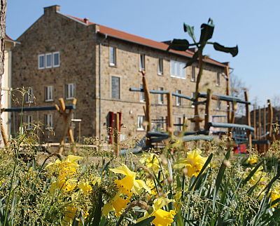 Kunstverein in der alten Honigfabrik in Ibbenbüren Ein Sandstein Gebäude in der Innenstadt von Ibbenbüren. Im Vordergrund sind ein paar Gräser und gelbe Blumen